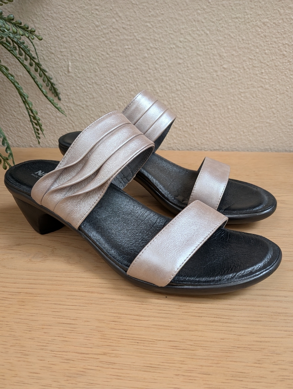 Naot Metallic Silver Two-Band Mid-Heel Sandals